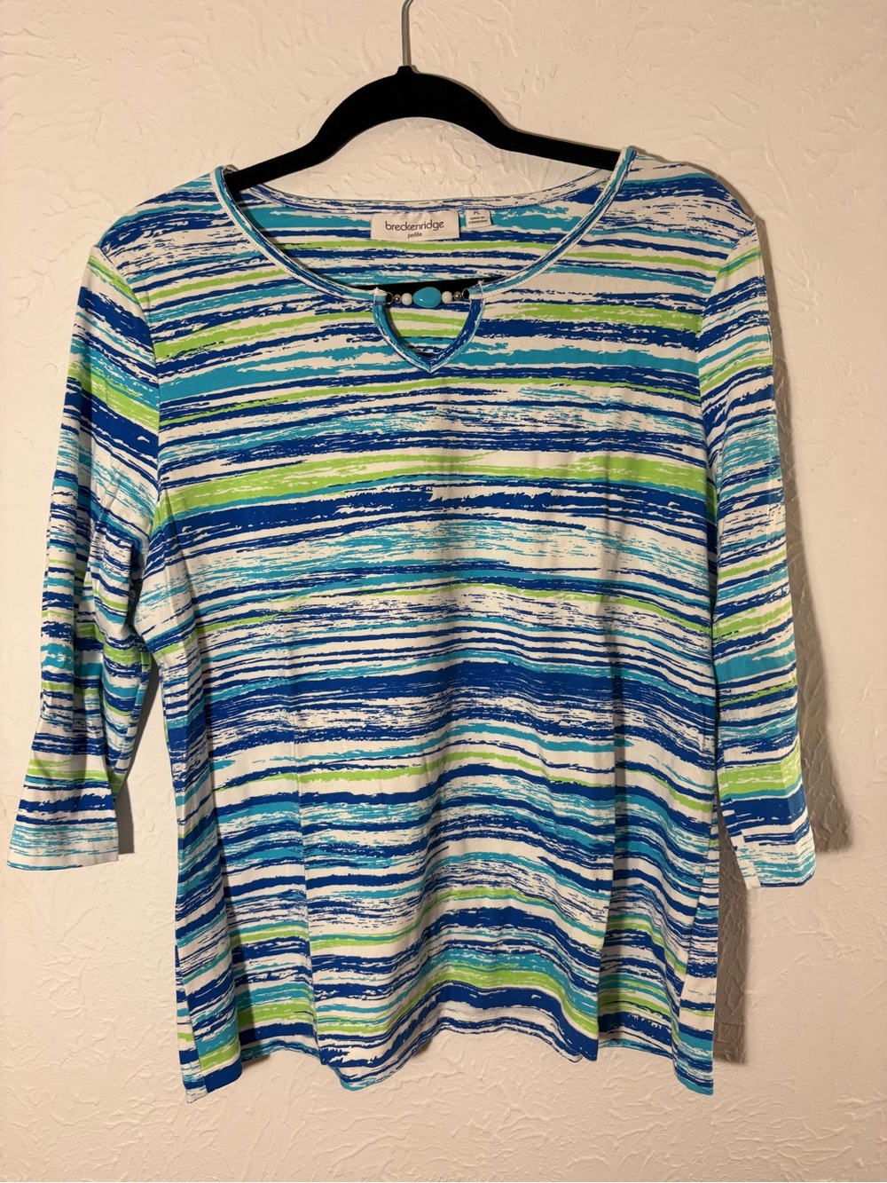 breckenridge Blue, Green & White Striped Abstract 3/4 Sleeve Beaded Top